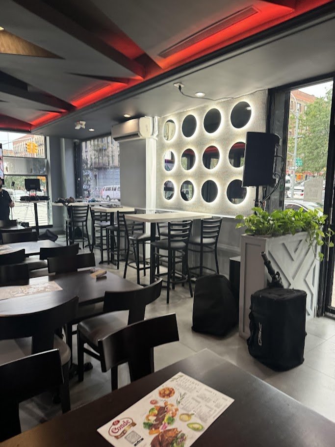 Restaurant interior with a casual, cozy feel.